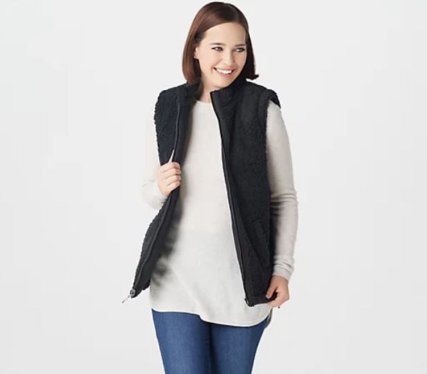 Denim & Co. Reversible Quilted to Sherpa Zip-Front Vest, Black - Midtown Bargains