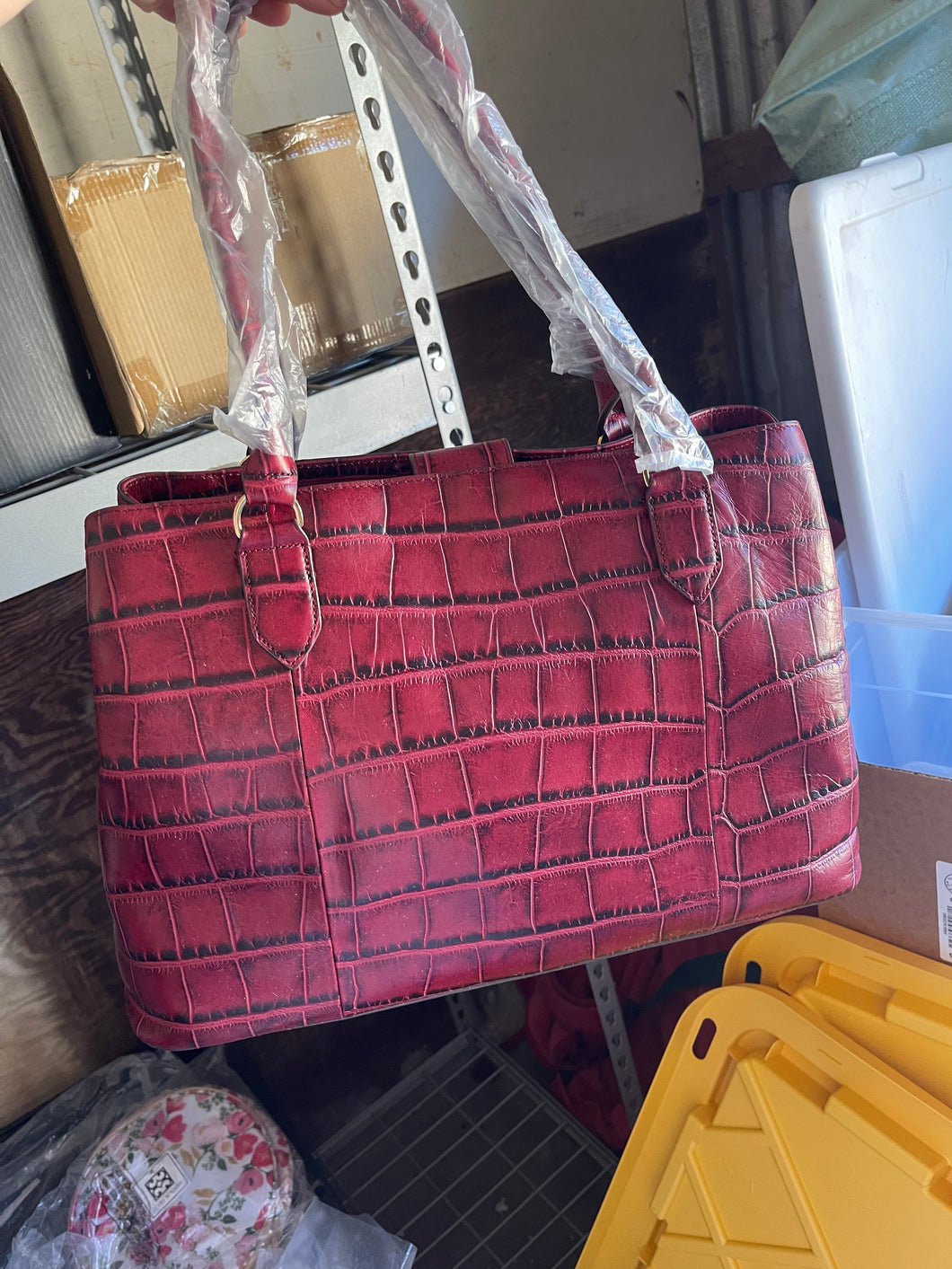 G.I.L.I. Leather East/West Croco Embossed Shopper, Garnet