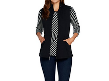 "As Is" Denim & Co. Active Striped 3/4 Sleeve Top w/Zip Front Peplum Vest Set, Size 1X	Black - Midtown Bargains