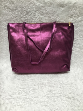 G.I.L.I. Metallic Leather Zip Top Tote Aubergine Color - Midtown Bargains