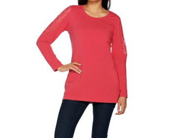 Denim & Co. Lace Cold Shoulder Long Sleeve Scoop Neck Tunic Shirt - Midtown Bargains