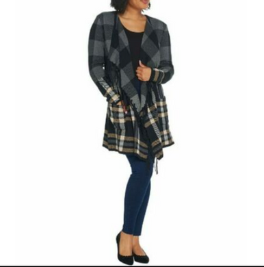 Isaac Mizrahi Live! Mixed Plaid Fringe Trim Open Front Cardigan Sweater - Midtown Bargains