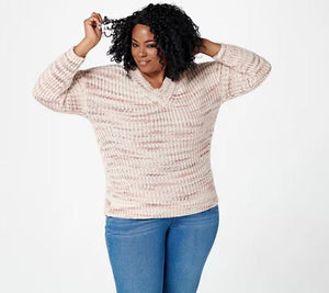 Denim & Co. Spacedye V-Neck Long Sleeve Sweater - Midtown Bargains
