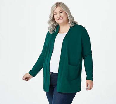 Denim & Co. Essentials Regular Open Front Cardigan with Pockets X-Small Evergreen - Midtown Bargains