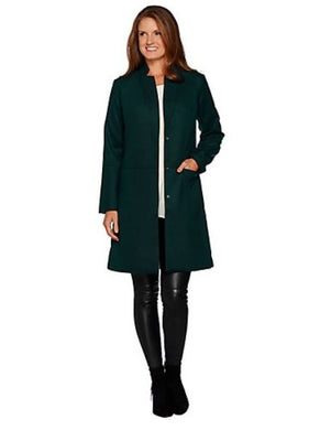 H by Halston Knee Length Snap Front Coat with Notch Colla, Size 10, Dark Emerald - Midtown Bargains