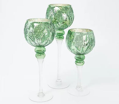 Set of 3 Illuminated Glass Goblets w/ Leaf Pattern by Valerie Sage, - Midtown Bargains