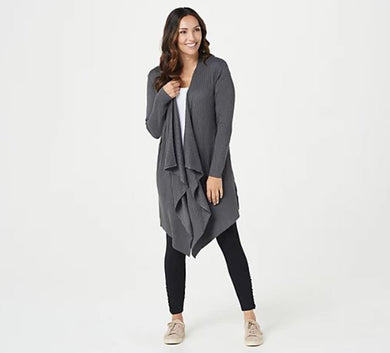 zuda Ecovero Open Front Cardigan with Rib Detail Size 1X Iron - Midtown Bargains