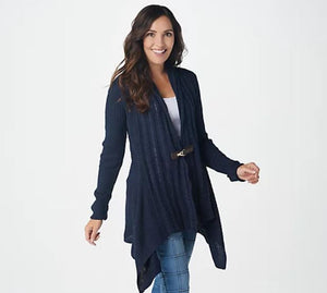 Denim & Co. Cable Knit Long-Sleeve Cardigan with Buckle Closure X-Small Navy - Midtown Bargains