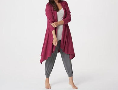 AnyBody Brushed Rib Cardigan with Highlow Hem, Wine Color - Midtown Bargains