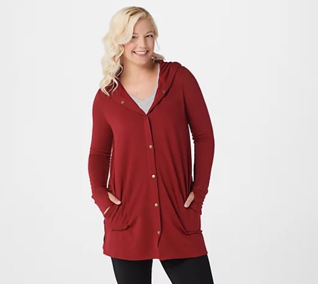 Cuddl Duds Comfortwear Snap Front Hooded Cardigan X-Small Chili Red - Midtown Bargains