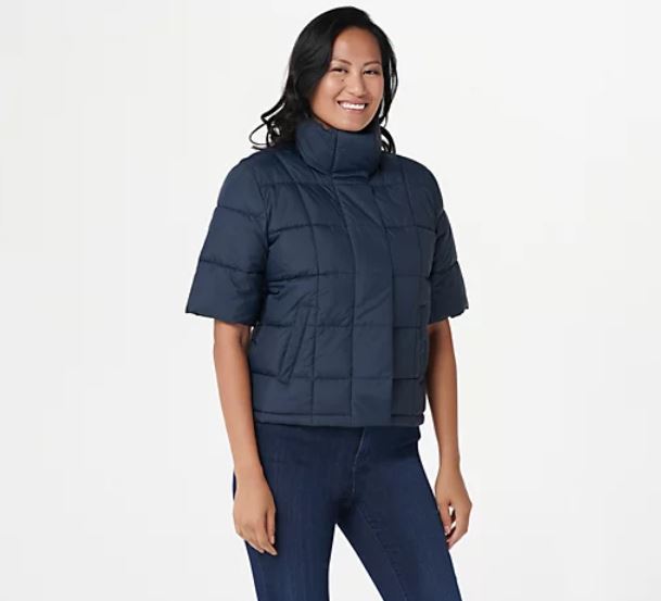 Centigrade Quilted Elbow-Sleeve Puffer Jacket Size 1X Navy - Midtown Bargains