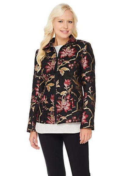 Susan Graver Tapestry Zip Front Jacket, Size 10, Black/Purple - Midtown Bargains