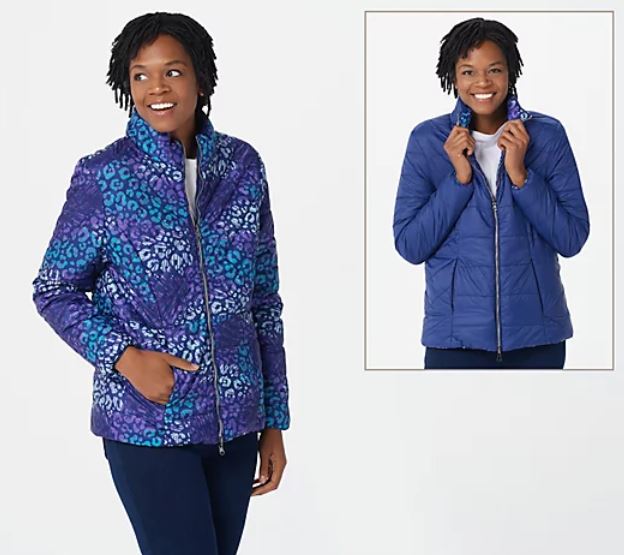 Attitudes by Renee Renee's Reversibles Packable Puffer Jacket w/ Pouch, Navy - Midtown Bargains