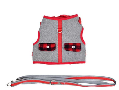 Martha Stewart Buffalo Check Dog Harness w/ Coordinating Leash Vest Grey/Red,XX-Small - Midtown Bargains