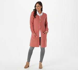 Denim & Co. Naturals Button-Front Long-Sleeve Cardigan Medium	Deep Antique Rose - Midtown Bargains