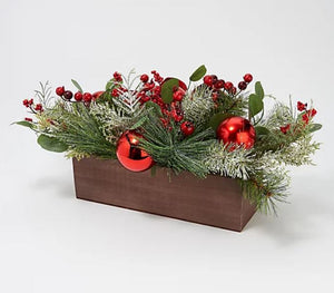 Cedar & Pine Centerpiece w/ Ornaments and Ribbon by Valerie Red/Black, - Midtown Bargains