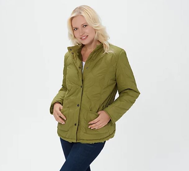 Isaac Mizrahi Live! Reversible Quilted to Sherpa Jacket Medium Green Olive - Midtown Bargains