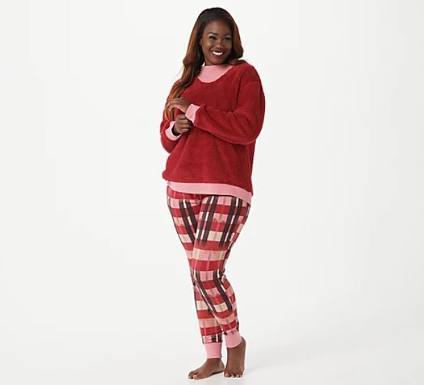 Cuddl Duds Petite Sherpa Pullover and Jersey Jogger Pajama Set Petite Petite Petite Small DeepRed/Ikat - Midtown Bargains