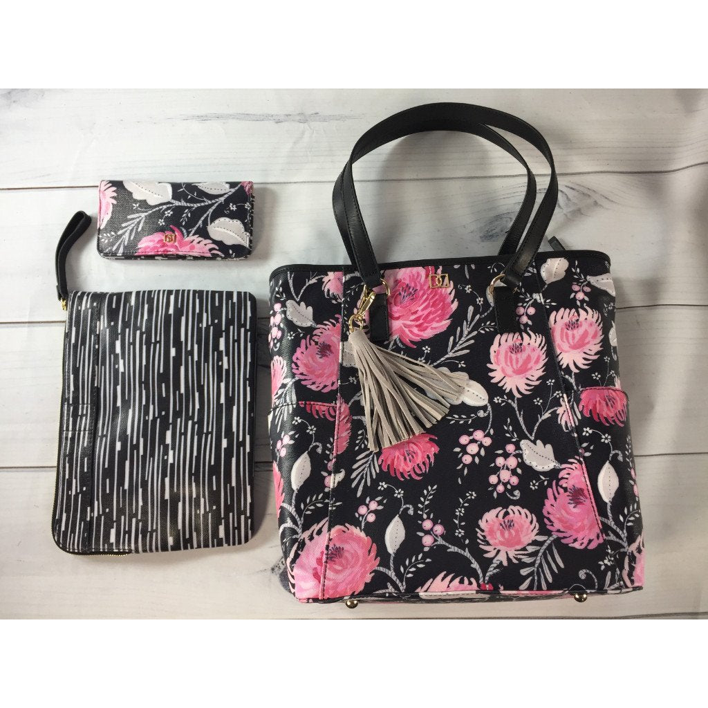 DENA North/South Shopper with Lanyard, Pouch, & Wallet Pink Rose Bloom, - Midtown Bargains