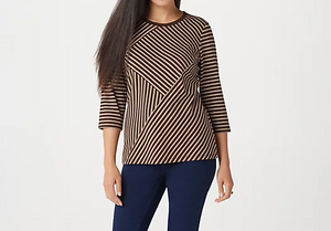 "As Is" Denim & Co. Active Striped 3/4 Sleeve Top w/Zip Front Peplum Vest Set, Size 1X	Black - Midtown Bargains