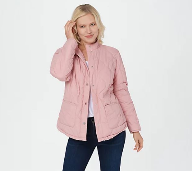 Isaac Mizrahi Live! Reversible Quilted to Sherpa Jacket X-Large Dusty Pink - Midtown Bargains