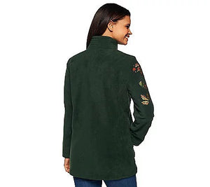 Bob Mackie Embroidered Fleece Jacket with Quilted Collar Medium, Color Spruce - Midtown Bargains