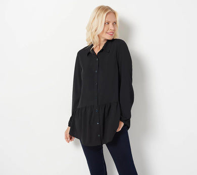 LOGO by Lori Goldstein Stretch Woven Button Front Blouse Black,Medium - Midtown Bargains