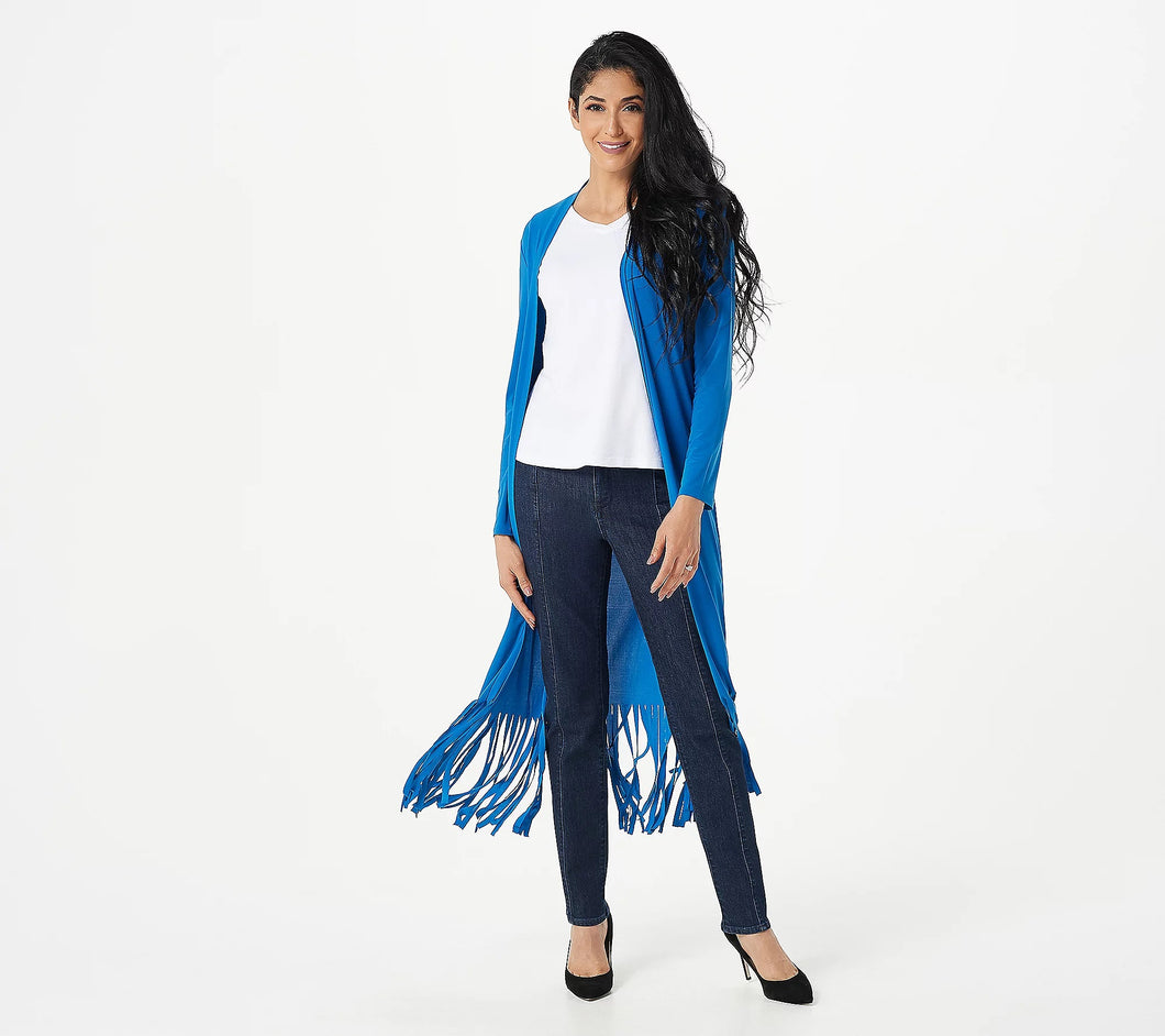 Attitudes by Renee Regular Como Jersey Duster w/ Fringe Classic Blue,Size 2X - Midtown Bargains