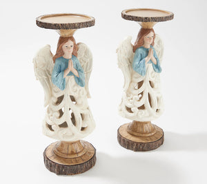 Set of 2 12" Carved and Pierced Holiday Candle Holder Pedestals Winter Angel, - Midtown Bargains