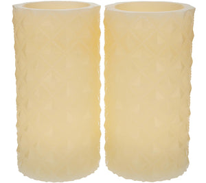 Set of (2) 4" x 8" Quilted Flameless Wax Pillar Candles by Valerie Ivory, - Midtown Bargains