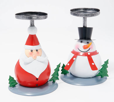 Kringle Express Set of 2 Metal Character Candle Pedestals Santa/Snowman, - Midtown Bargains