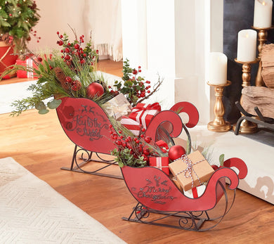 Set of 2 Nested Antiqued Metal Sleighs by Valerie, Red **Flaw - Midtown Bargains