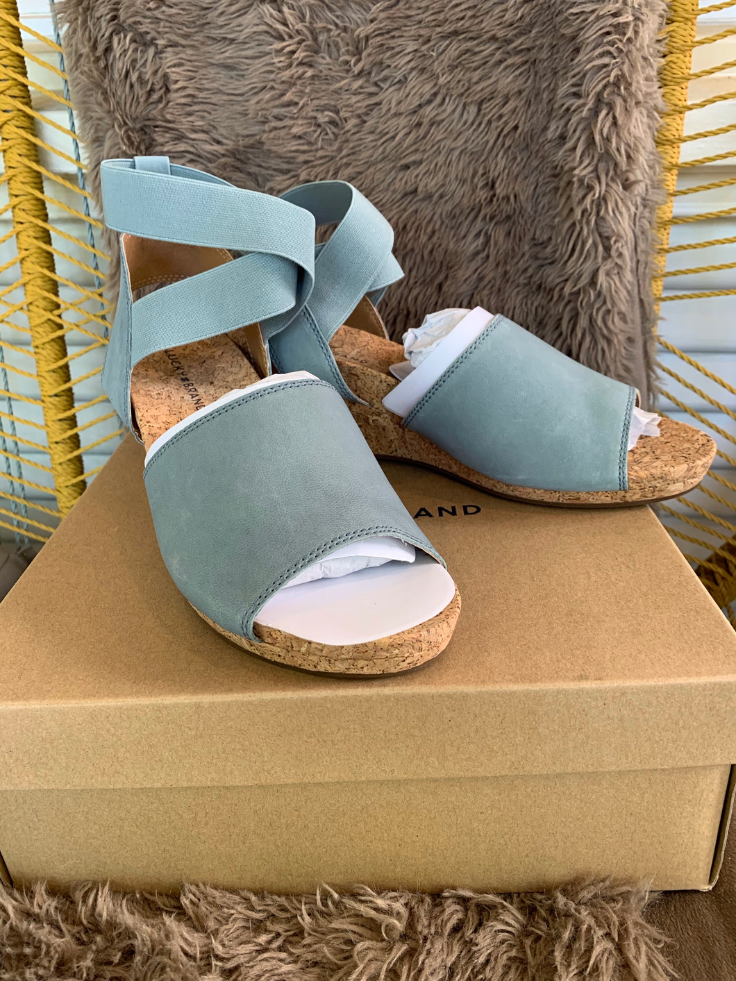 Lucky Brand Kyla Leather Ankle Wrap Wedge Sandal Shoes, Cloud Color - Midtown Bargains